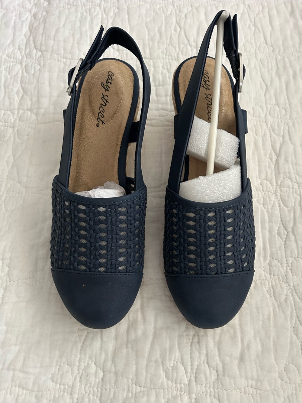 easy street Navy Woven Slingback Mules